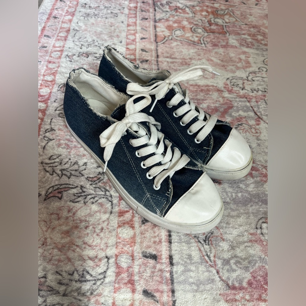 Denim and White Lace-Up Sneakers